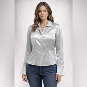 Lafayette 148 New York Gray Silver 100% Silk Blouse Size 4 Petite